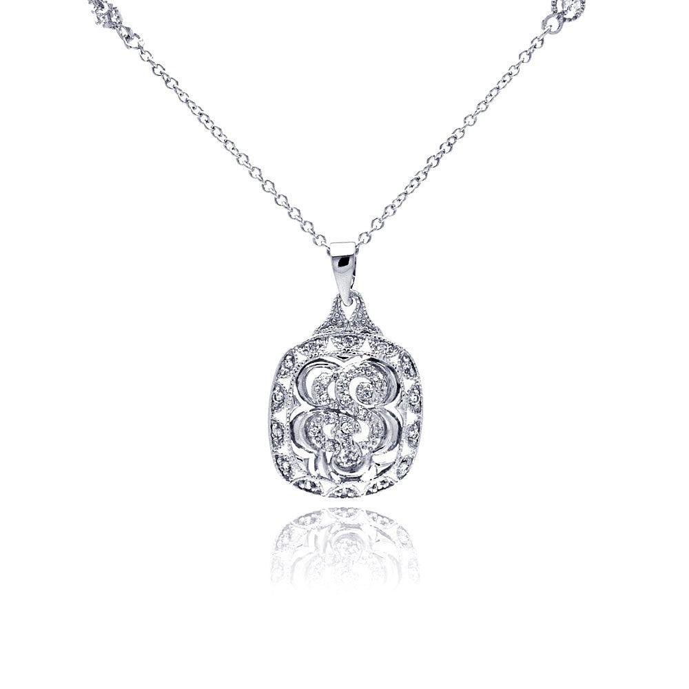 Silver 925 Rhodium Plated Open Square Antique Clear CZ Pendant Necklace