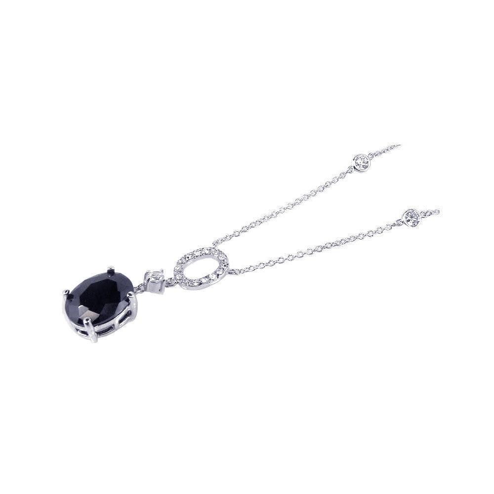 Silver 925 Rhodium Plated Black Oval and Clear CZ Drop Pendant Necklace