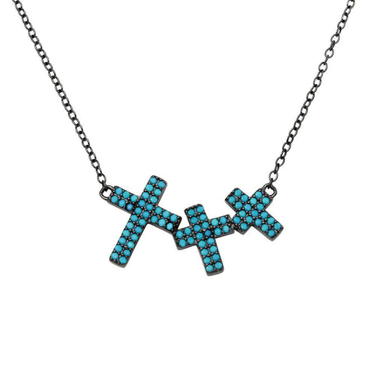 Black Rhodium Plated 925 Sterling Silver Side By Side Crosses Turquoise Stones Necklace