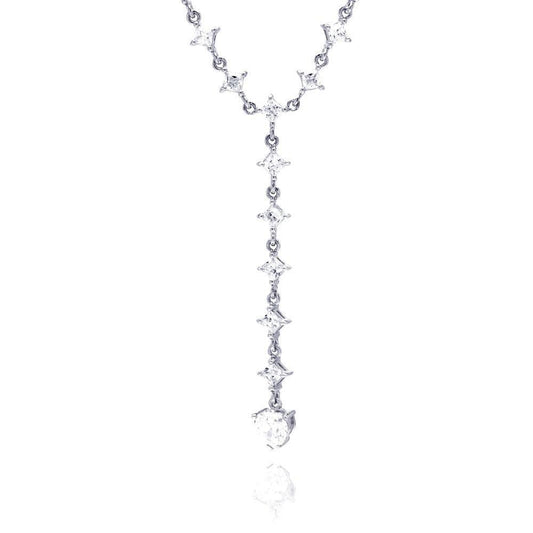 Silver 925 Rhodium Plated Clear CZ Dangling Pendant Necklace