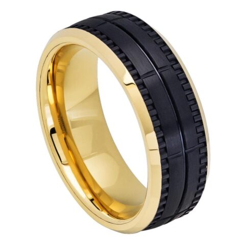 Tungsten Ring Two tone Yellow IP Inside Black IP Outside Brushed Grooved Ring