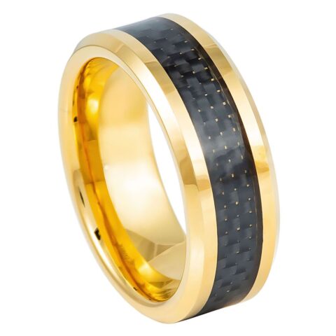 Tungsten Ring Yellow Gold Plated High Polish with Black Carbon Fiber Inlay Beveled Edge