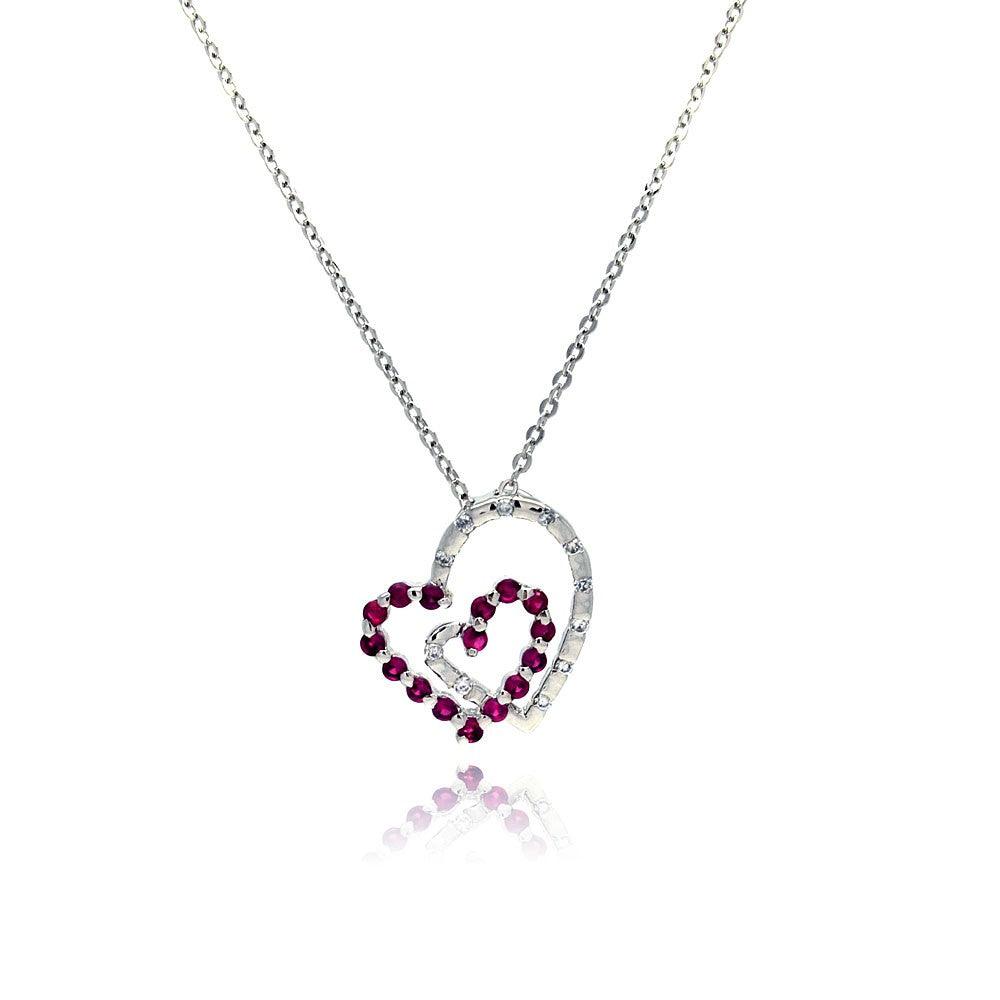 Silver 925 Red CZ Rhodium Plated Double Heart Pendant Necklace