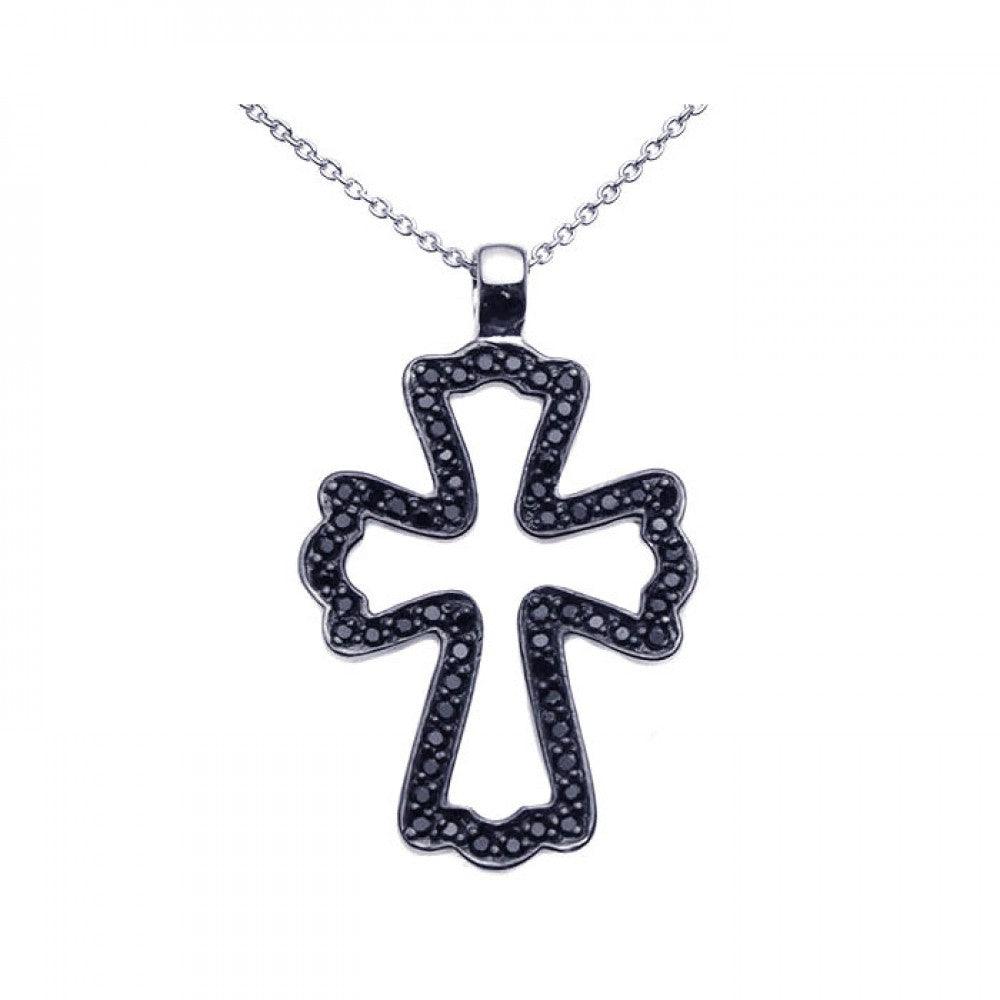 Silver 925 Black Rhodium Plated Black CZ Cross Pendant Necklace