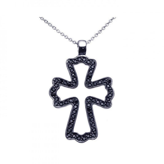 Silver 925 Black Rhodium Plated Black CZ Cross Pendant Necklace