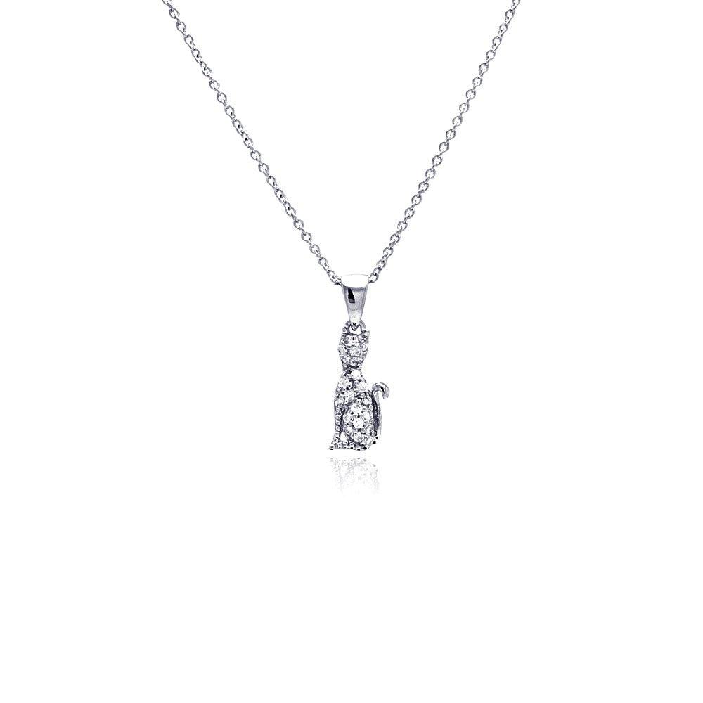 Silver 925 Rhodium Plated Clear CZ Cat Pendant Necklace