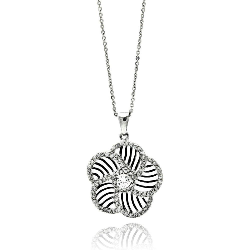 Silver 925 Rhodium Plated Flower Inner Zebra Print CZ Necklace