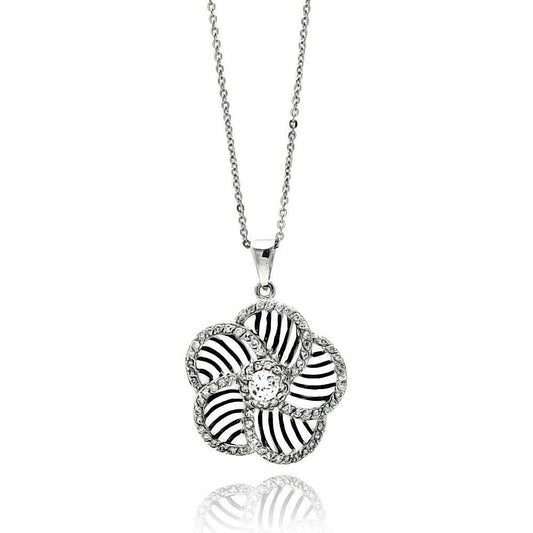 Silver 925 Rhodium Plated Flower Inner Zebra Print CZ Necklace