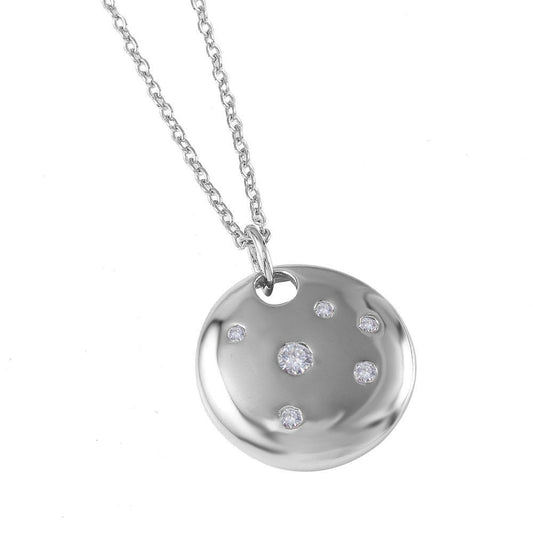 Rhodium Plated 925 Sterling Silver Round Shield Pendant Necklace