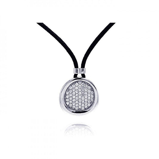 Silver 925 Rhodium Plated Clear CZ Circle Pendant Leather Necklace