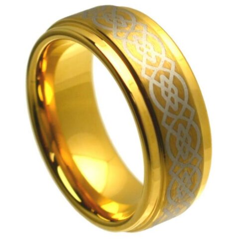 Tungsten Ring Yellow Gold Tone IP Plated High Polished Laser Engraved Celtic Knot Pattern