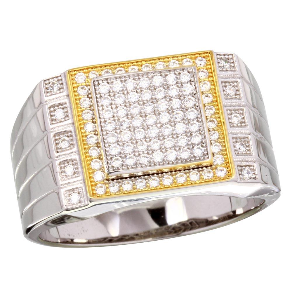 Two-Tone 925 Rhodium Plated 925 Sterling Silver Square CZ Encrusted Men's Ring