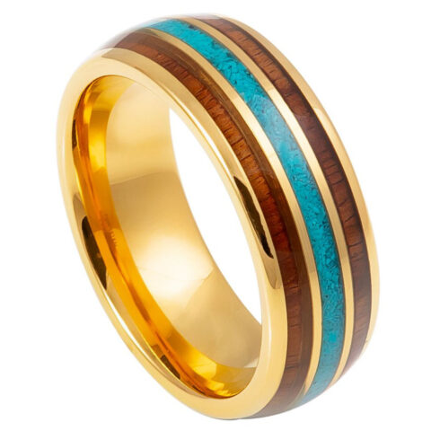 Tungsten Ring Yellow Gold IP Plated with Rosewood & Crushed Turquoise Inlay