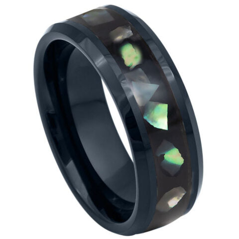 Black IP Tungsten Ring with Black Resin & Abalone Shell Inlay