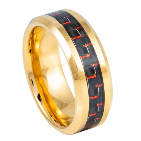 Tungsten Ring Yellow Gold Plated High Polish with Red & Black Carbon Fiber Inlay Beveled Edge