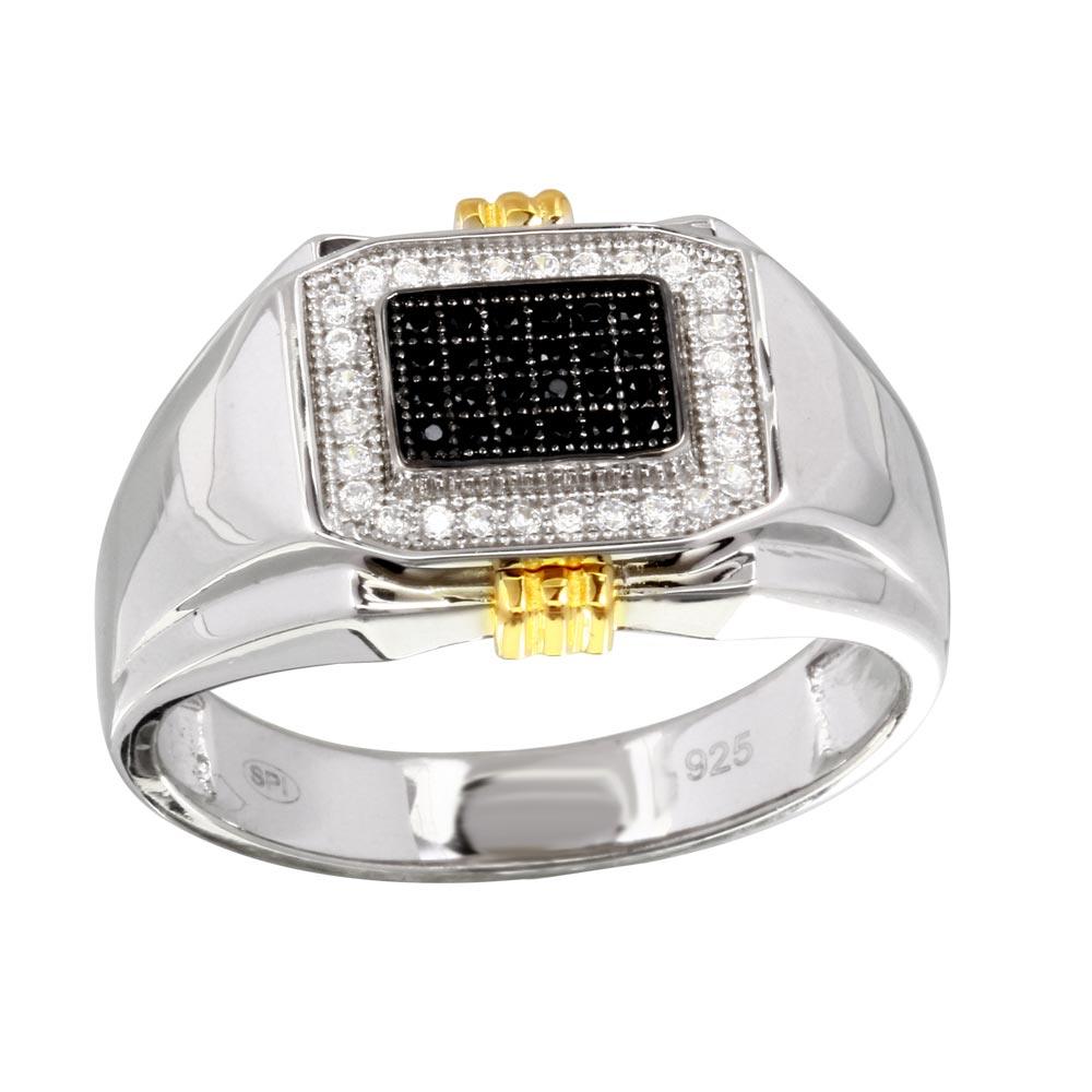 Two-Tone 925 Sterling Silver Men's Rectangular Ring with CZ