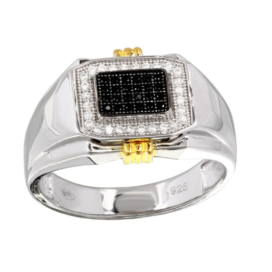 Two-Tone 925 Sterling Silver Men's Rectangular Ring with CZ