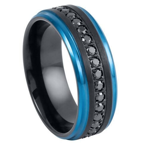 Black IP Plated Blue Edges Black Round CZ Eternity