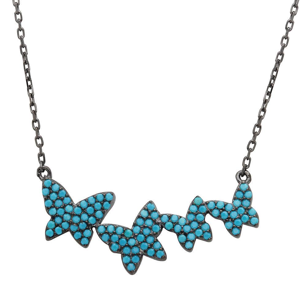 Black Rhodium Plated 925 Sterling Silver Graduated Turquoise Stones Encrusted Butterfly Necklace