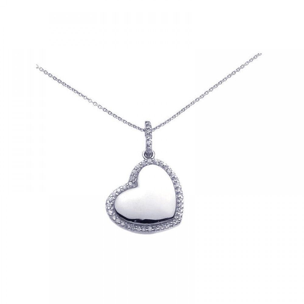 Silver 925 Rhodium Plated Clear CZ Heart Pendant Necklace