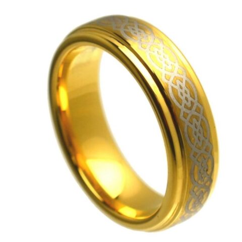 Tungsten Ring Yellow Gold Plated Stepped Edge High Polish Laser Engraved Celtic Knot Pattern