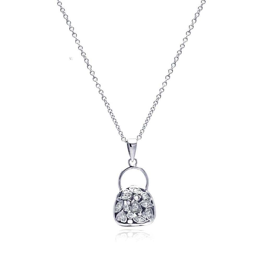 Silver 925 Clear CZ Rhodium Plated Purse Pendant Necklace