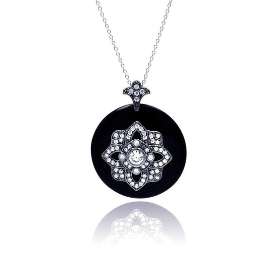 Silver 925 Black Rhodium Plated Clear CZ Black Synthetic Pendant Necklace