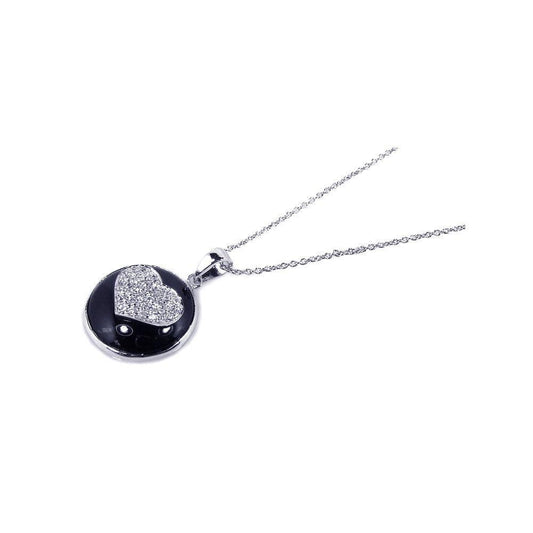 Silver 925 Rhodium Plated Clear CZ Heart Black Onyx Pendant Necklace