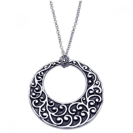 Silver 925 Rhodium Plated Open Circle Flower Design Pendant Necklace