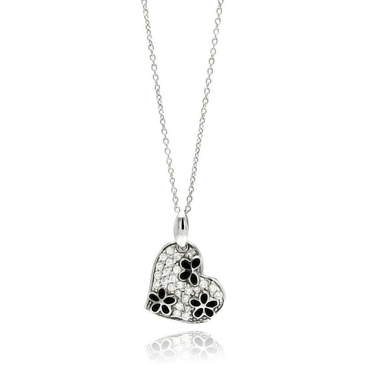 Silver 925 Rhodium Plated Clear and Black CZ Flower Heart Pendant Necklace