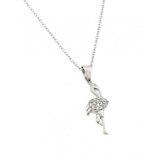 Silver 925 Rhodium Plated Clear CZ Flamingo Pendant Necklace