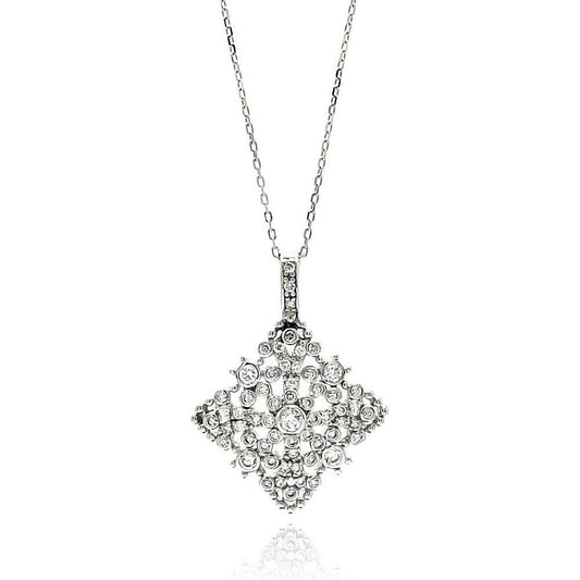 Silver 925 Rhodium Plated Open Square Filigree CZ Necklace