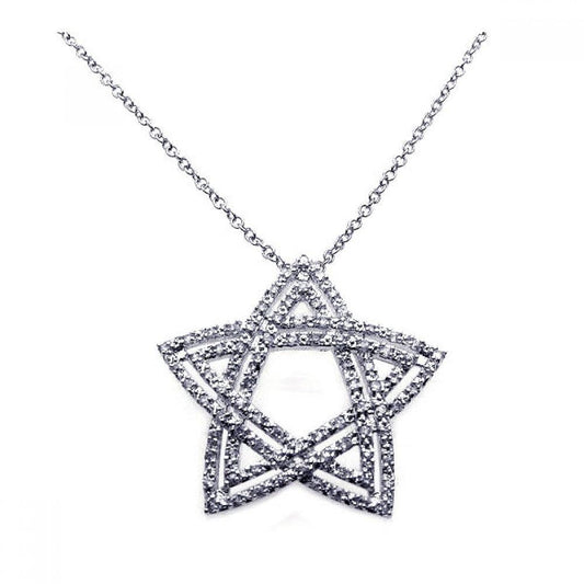 Silver 925 Rhodium Double Open Star CZ Necklace