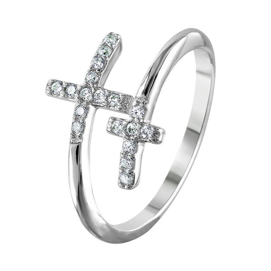 Silver 925 Rhodium Plated Double CZ Cross Ring