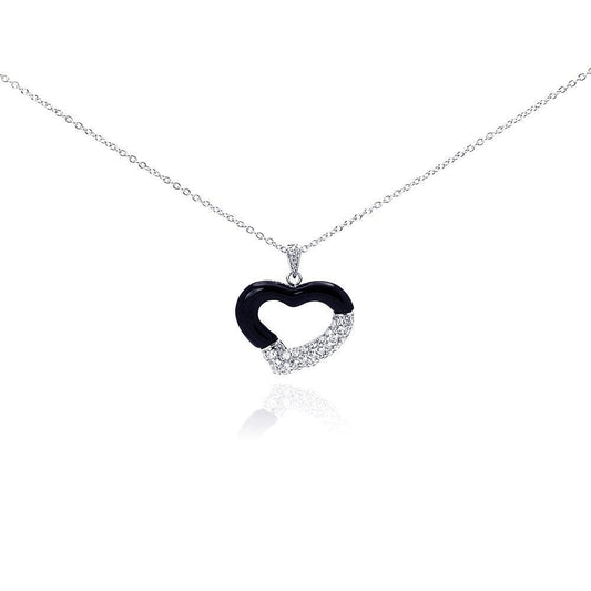 Silver 925 Rhodium Plated Open Heart Black Onyx Clear CZ Necklace