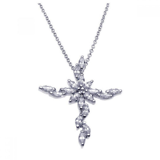 Silver 925 Rhodium Marquis Cross CZ Necklace