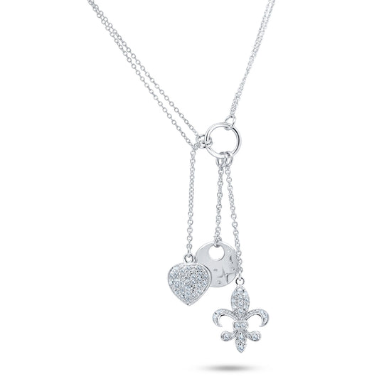 Rhodium Plated 925 Sterling Silver Clear CZ Flor De Lis, Heart, Disc Charm Necklace