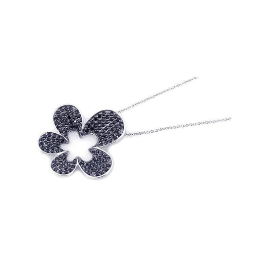 Silver 925 Rhodium Plated Black CZ Flower Pendant Necklace