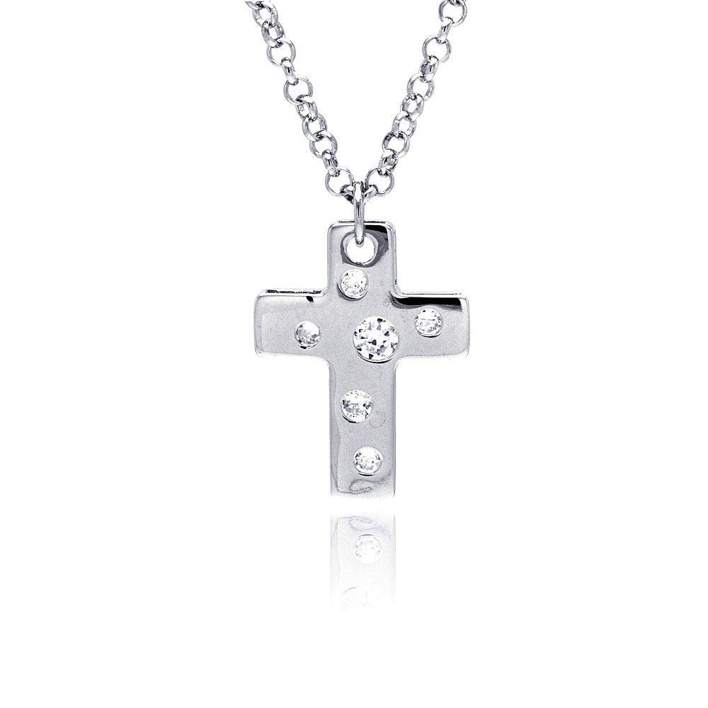 Silver 925 Rhodium Plated High Polish Cross Multi Sized Clear CZ Pendant Necklace