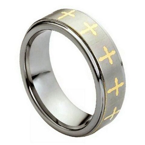 Tungsten Ring Yellow Gold Tone IP Plated Laser Engraved Crosses Design