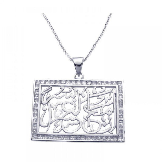 Silver 925 Rhodium Plated Clear CZ Rectangle Pendant Necklace