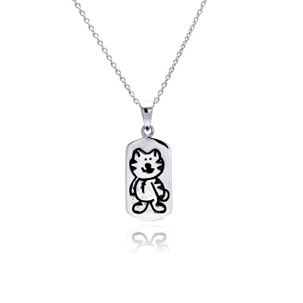 Silver 925 Rhodium Plated Kitty Dogtag Pendant Necklace