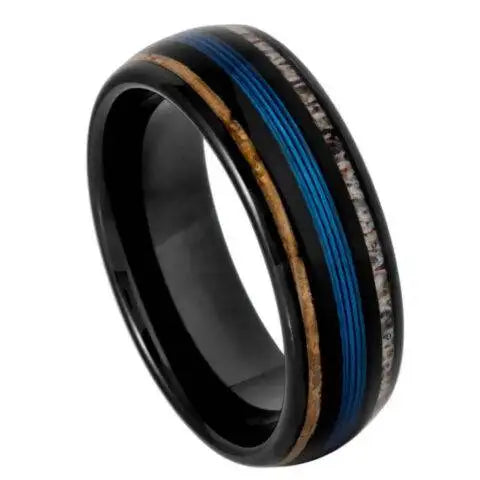 Black IP Domed Ring with Koawood, Blue Wire & Deer Antler Inlays