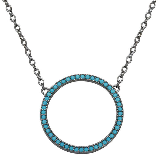 Black Rhodium Plated 925 Sterling Silver Open Circle Turquoise Encrusted Necklace