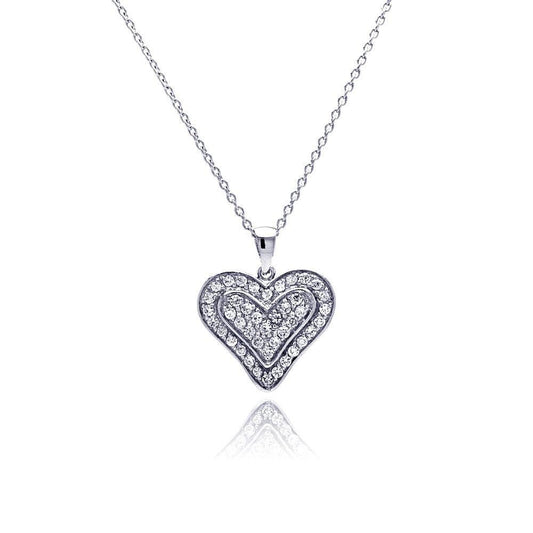 Silver 925 Clear CZ Rhodium Plated Single Heart Pendant Necklace