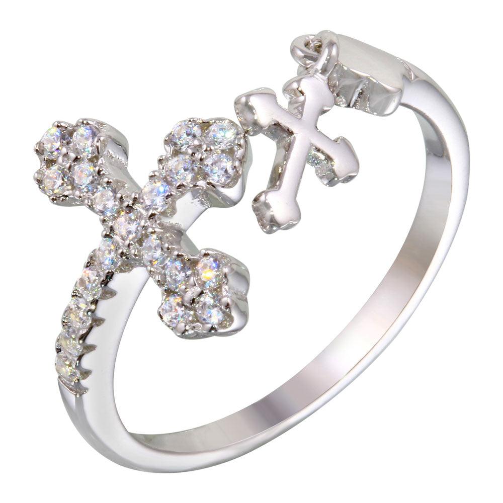 Rhodium Plated 925 Sterling Silver Open End Cross Ring with CZ