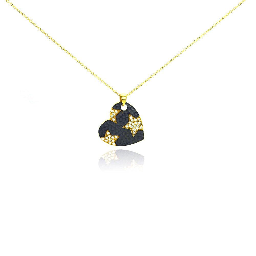 Silver 925 Gold Plated and Matte Black Rhodium Finish Clear CZ Star Heart Pendant Necklace