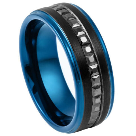 Black IP Plated Blue Edges Black CZ Princess Cut Eternity