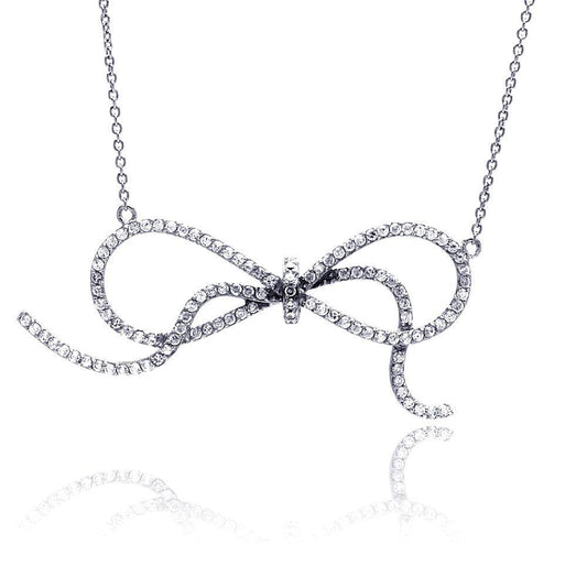 Silver 925 Rhodium Plated Clear CZ Bowtie Pendant Necklace