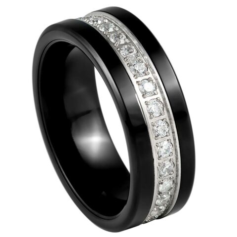 Black IP Plated Prong set Round cut White CZ Eternity